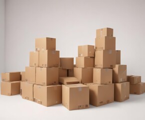 Fototapeta premium Several used brown cardboard boxes ready for recycling against a pure white backdrop , cleanliness, planet, arrangement