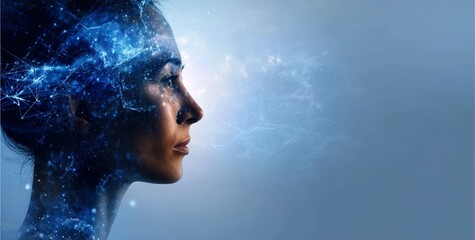 A double exposure image depicting an artificial intelligence head with digital connections and the