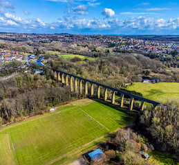 Naklejka premium An aerial view of the full length of the Pontcysyllte Aqueduct near Llangollen, Wales in springtime