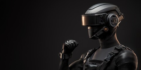 Futuristic humanoid robot in black armor and visor helmet raises a fist, standing against a dark background.
