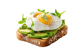 Floating avocado toast with poached eggs isolated on transparent background
