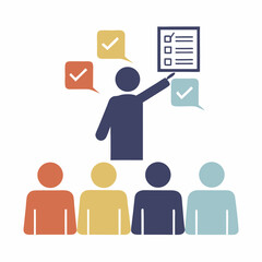 Team leader explaining checklist to group using speech bubbles and colored shapes