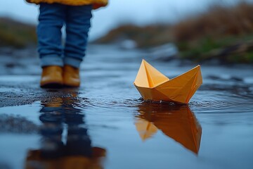 
A child launches a paper boat into a puddle by the sea.

