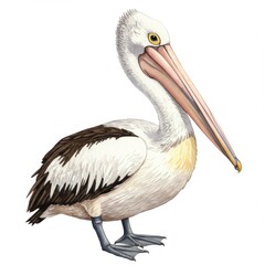 Detailed Illustration of a Pelican: White and Brown Plumage