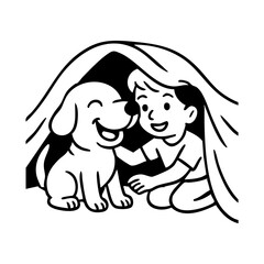 A dog curled under a homemade blanket fort, peeking out beside a child, in a cozy and playful atmosphere.