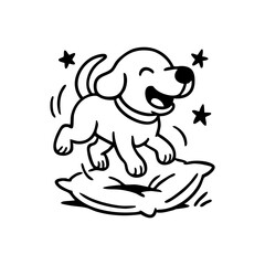 A dog mid-air above a pillow or soft bed, with floppy ears and an open-mouthed smile, in a lighthearted pose.