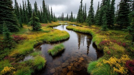 Obraz premium Serene Stream Winding Through Lush Evergreen Forest Meadow