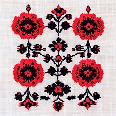 Traditional Ukrainian Embroidery with Red Floral Motif