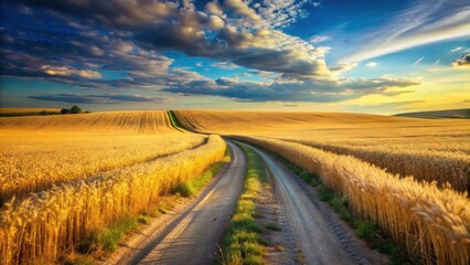 Serene Sunset over Rolling Wheat Fields, a Rustic Dirt Road Winding Through Golden Crops Under a Dramatic Sky
