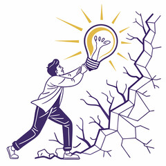Man reaching to grasp a glowing light bulb symbolizing innovation and new ideas