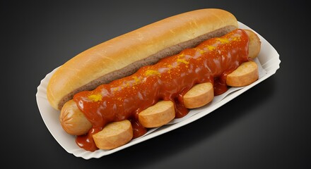 Currywurst with Bun and Sauce on Paper Plate