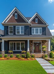 Charming two-story home with dark blue exterior, stone accents, and a welcoming porch.  Front yard features manicured landscaping