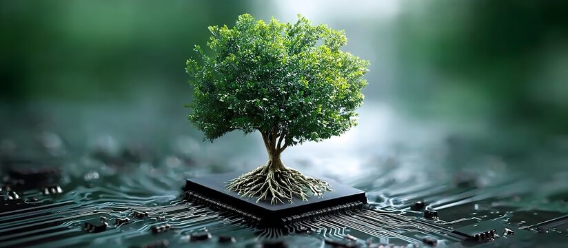 A green tree growing on top of an integrated circuit board, symbolizing the growth and development