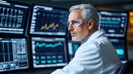 Fototapeta premium Arctic Station Extreme Concept, Scientist in Heated Control Room Monitoring Real-Time Data on Multiple Screens with Serious Expression