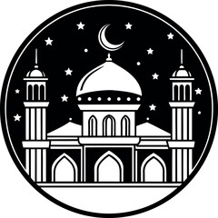 Elegant vector Silhouette of a mosque with domes and minarets, perfect for Ramadan, Eid, and Islamic celebrations.