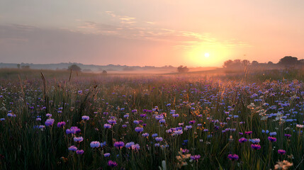 A field of wildflowers bathed in the golden light of sunrise 
