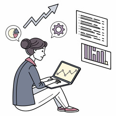 Businesswoman analyzing data on laptop with financial charts and growth symbols