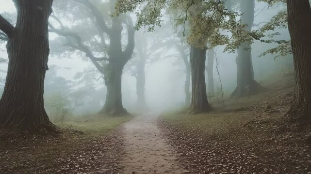 Atmospheric forest path leading into dense fog with majestic trees and earthy ground covered in foliage