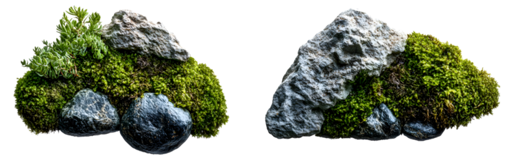 The top view showcases green moss and decorative rocks isolated on a white background, emphasizing the visible texture
