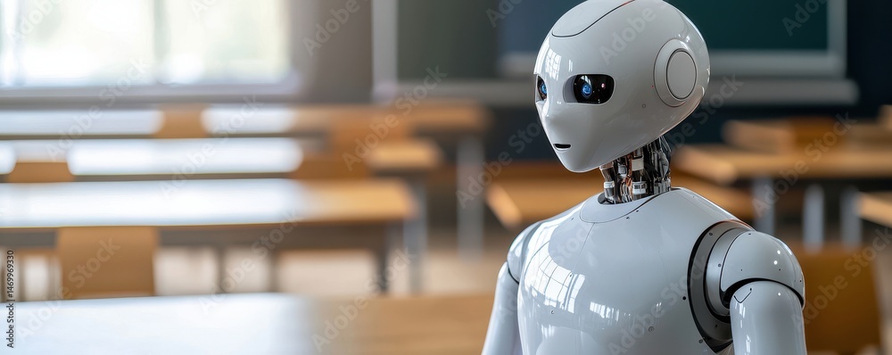 Poster A humanoid robot stands in a classroom, blending advanced technology with an educational environment.