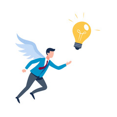Businessman with angel wings chasing a glowing lightbulb represents new idea