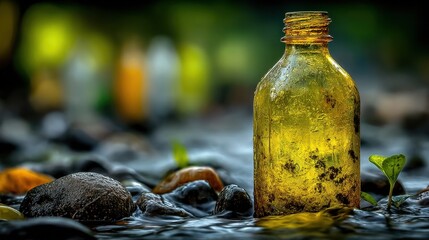 Amber Glass Bottle in a Creek Bed near Smooth Stones and Green Plant