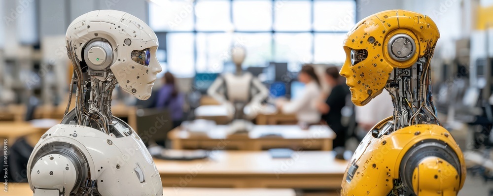 Poster Two humanoid robots face each other in a modern lab, with people and more robots working in the background.