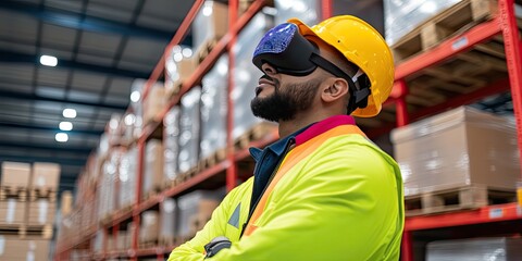 Warehouse worker using vr headset for logistics and inventory management in modern storage facility