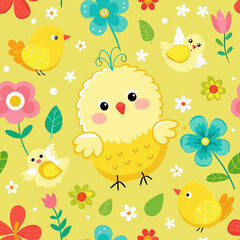 Cute Yellow Chicks and Colorful Flowers Spring Seamless Pattern