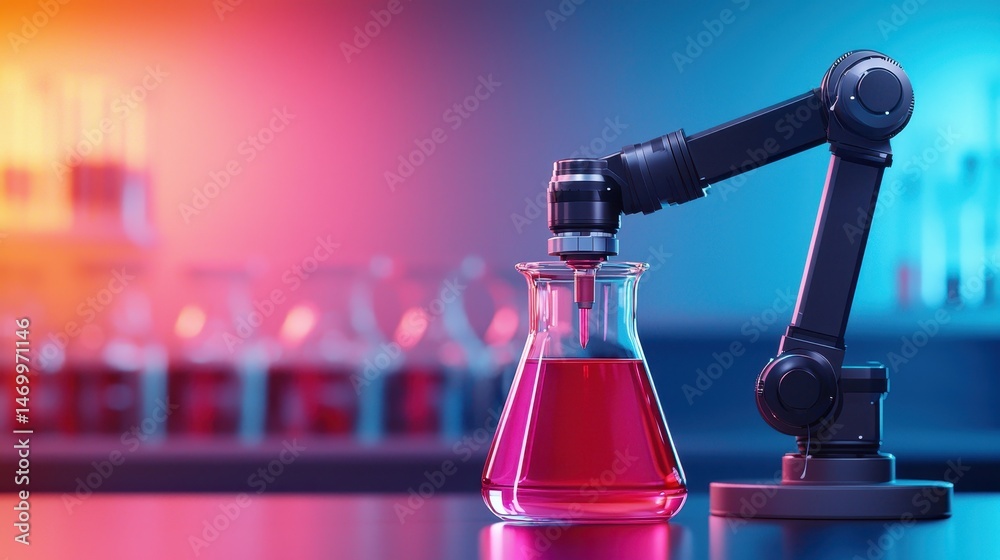 Poster A robotic arm handles a flask with red liquid in a modern laboratory, highlighting advanced technology and automation in science.