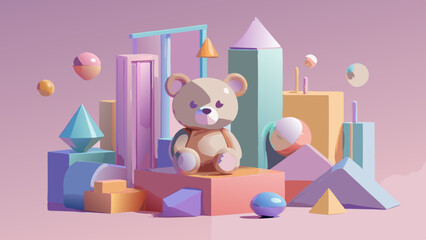 Cute Teddy Bear in Pastel Geometric Scene