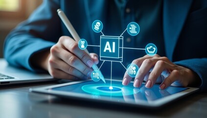 Ai, Artificial intelligence, Man uses laptop to access artificial intelligence tools for content Creation, Chatbots, Image generation, Coding, Translation, and Digital advertising solutions