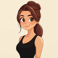 Cartoon Woman With Brown Hair In Bun Wearing Black Tank Top Vector Illustration