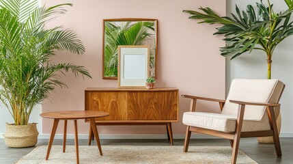 Modern, stylish living room with plants and furniture.