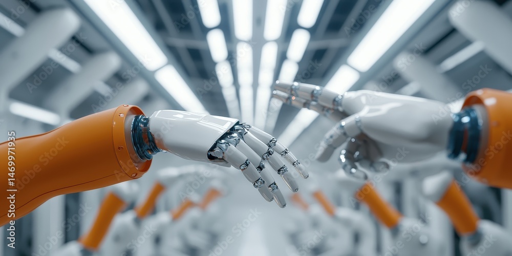 Poster Two robotic hands reaching toward each other in a futuristic, high-tech environment, symbolizing advanced technology and automation.