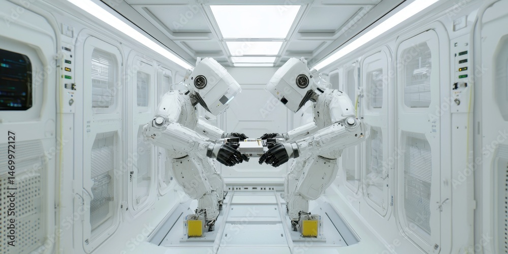 Poster Two humanoid robots face each other in a futuristic, white laboratory, appearing to interact or collaborate within a high-tech environment.