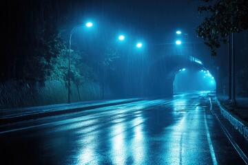 Rain-soaked road at night under tunnel