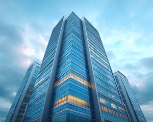 Modern high-rise building exterior with glass windows, luxury real estate showcase