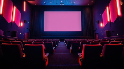 Empty cinema auditorium, pink screen, movie night