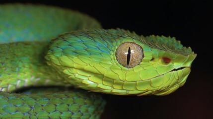 Obraz premium Front view of a large-eyed green pit viper (Trimeresurus macrops) with vivid green scales, sharp focus on its eye, shallow depth of field. Southeast Asian wildlife, danger, predator, reptile concept