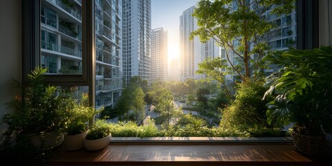 High-end apartment balcony view, window framed, overlooks modern complex, lush greens. Bright sun, hazy god rays. Plants on ledge. Serene urban day.