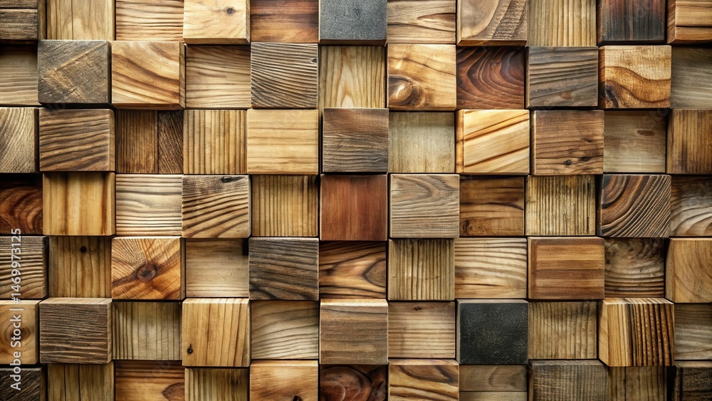 Poster a textured wall of varied wooden cubes, arranged in a complex and intricate pattern, displaying the 