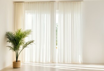 A potted plant sits in front of a window with sheer curtains.