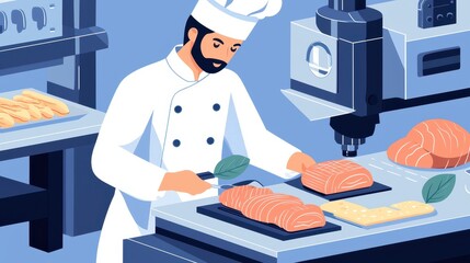 A chef prepares and slices plant-based meat in a modern kitchen using advanced technology.