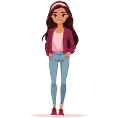 Cartoon Portrait Of A Stylish Brunette Woman In Casual Clothes Posing Full Body