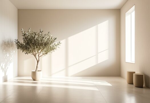 A potted olive tree in an empty room with three windows.