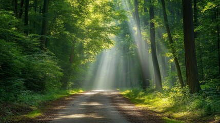 Obraz premium Bicycle on a scenic forest trail with sunlight filtering through the trees, capturing a peaceful outdoor cycling vibe in nature.