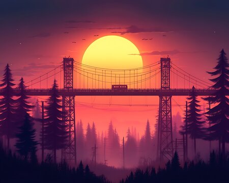 A stylized illustration of a suspension bridge at sunset.