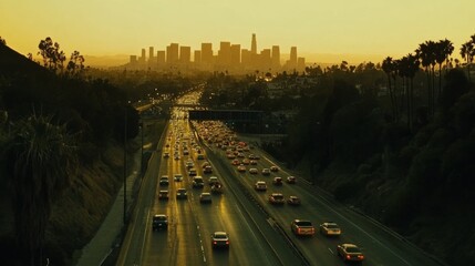 Busy freeway overpass with multiple lanes of traffic at a standstill, surrounded by city lights during the early evening.