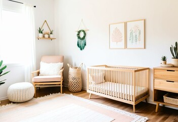 A baby room with a crib, dresser and a chair.
